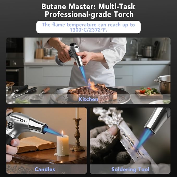 Sondiko Blow Torch, Butane Torch Lighter, Refillable Creme Brulee Torch with Adjustable Flame, Safety Lock for Soldering, Kitchen, Welding, Butane Gas Not Included