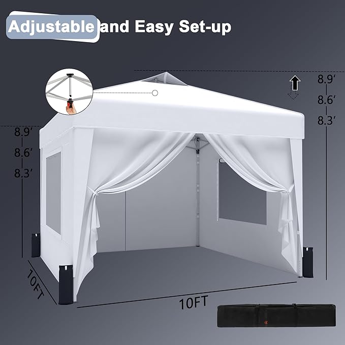 SANWAY 10x10 Pop Up Canopy Tent with Sidewalls x 4 – Easy Setup Canopy Tent, Waterproof, UV-Resistant, Portable with Carry Bag for Outdoor Events, Camping, and Backyard Parties – White