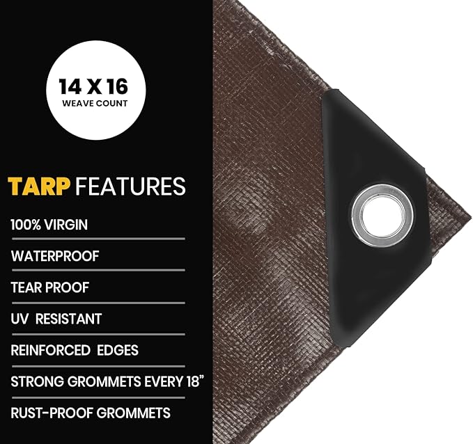 PROTARP Extra Heavy Duty 16 Mil Tarp Cover, Waterproof, UV Resistant, Rip and Tear Proof, Poly Tarpaulin with Reinforced Edges for Roof, Camping, Patio, Pool, Boat. (Brown/Black 40′ X 50′)