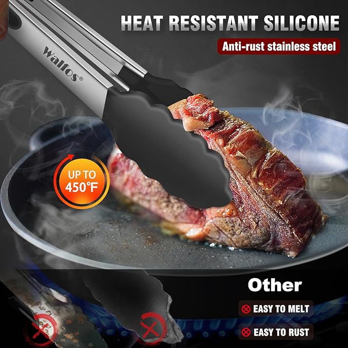 Walfos Kitchen Tongs - Heat Resistant Cooking Tongs Set of 3, Stainless Steel and BPA Free Silicone Tips, Great for Cooking, Grilling, Turning, 7" 9" and 12" (3 black silicone tongs)