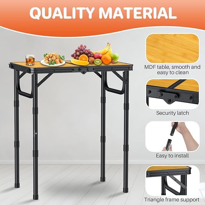 FUNYKICH 2ft Small Folding Camping Table, 3 Height Adjustable Portable Picnic Table, Lightweight Aluminum Outdoor Tables with Carry Handle for Camping, Picnic, BBQ, L22.8 xW15.7 (58x40cm)