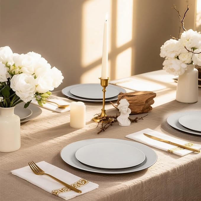 WONDERFUL 32pcs Light Grey Plastic Plates Reusable Unbreakable & Dishwasher safe Dishes Set Outdoor Plates Includes:16 Dinner 10" and 16 Dessert Plate 7.3" Ideal for BBQ Camping
