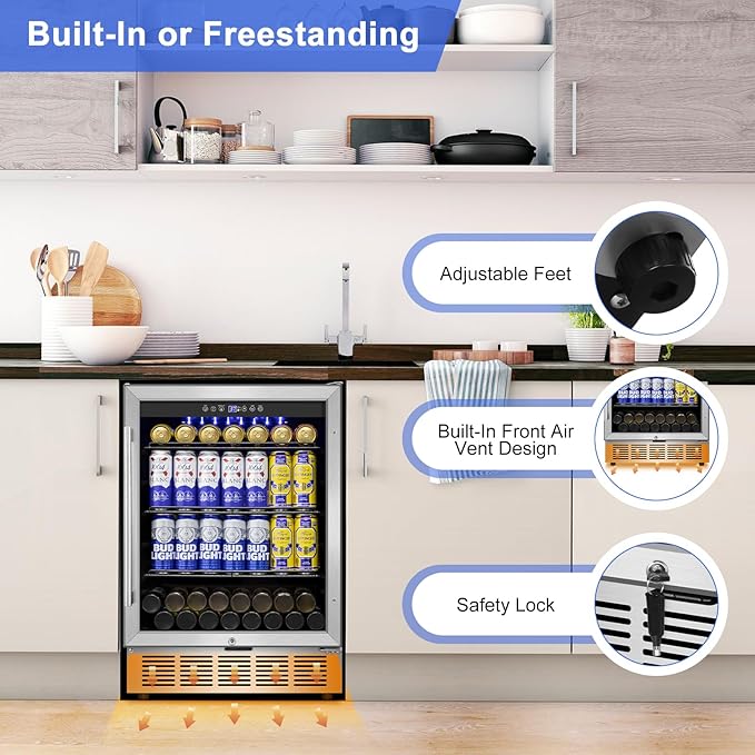 Beverage Refrigerator 24 inch-200 Can Drink Fridge with Glass Door, Under Counter/Freestanding Beverage Cooler with Temperature Memory, Reversible Door, Quick Cooling, Cooler for Beer, Soda, Wine