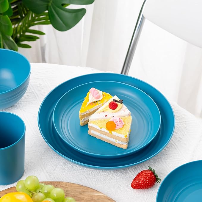 LIYH 48 Pcs Blue Wheat Straw Dinnerware, Plates and Bowls Set, Camping Dish Set for 12, Plastic Dinnerware Set, Dishwasher Safe Dinnerware Set, Unbreakable Plastic, Camper Dish Sets