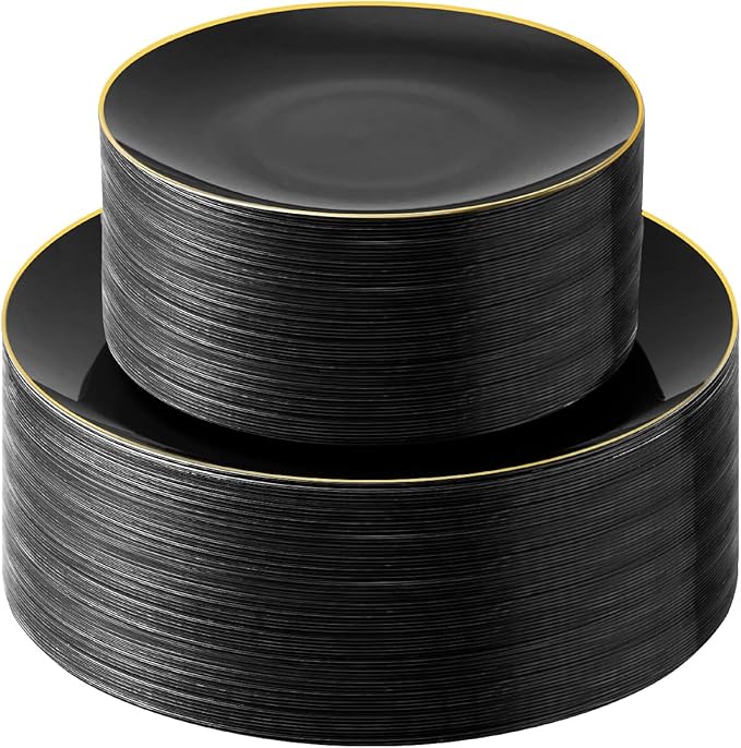 100PCS Black Plastic Plates with Gold Rim, Black Gold Disposable Plates for Party, Graduation and Wedding, Include 50 Dinner Plates, 50 Dessert Plates for 50 Guests