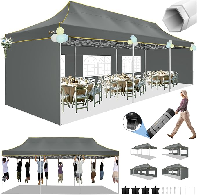 HOTEEL Tents for Parties 10x30 Heavy Duty Pop Up Canopy Tent with 5 Sidewalls&Wheeled Bag, Commercial Event Party Tent Wedding Instant Canopy Waterproof, UV 50+, Upgraded Thicked Hexagonal Legs, Gray