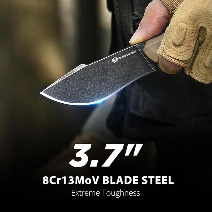 Survival Knife with Fire Starter L-Y, 7.68" Full Tang Small Fixed Blade Knife with Belt Clip, Khaki + Stonewashed Black