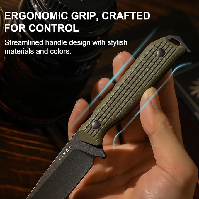 Kizer Begleiter Fix Fixed Blade Knife, 3.74" Tanto AEB-L Blade Hunting Knives with Kydex Sheath, Green G10 Handle EDC Knife for Camping Hunting Survival 1045MT2
