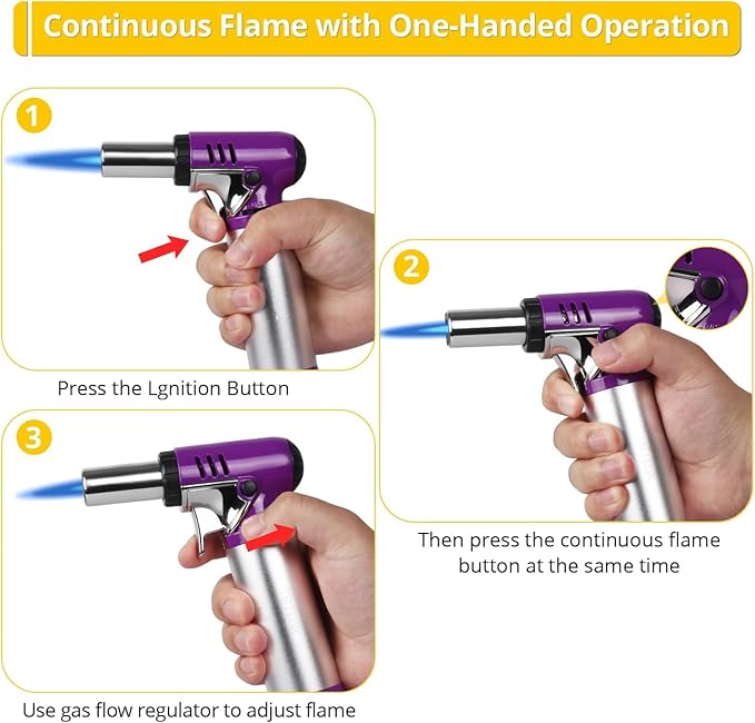 TBTeek Butane Torch, One-hand Operation Kitchen Torch with Adjustable Flame for Grilling, Baking and Soldering (Excluding Butane Gas), Purple