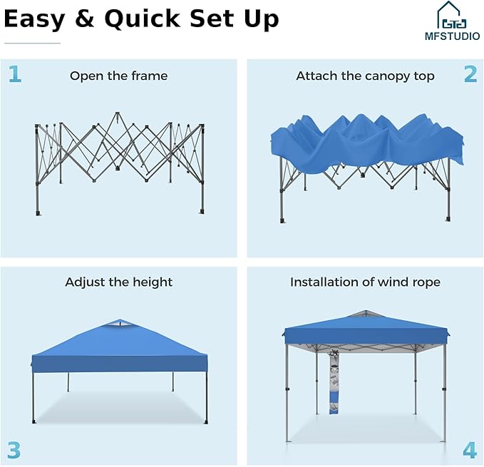 MFSTUDIO Pop Up Canopy Tent, 10x10 Outdoor Canopies One Push Setup Instant Portable Shelter Tens with Vented Top, Storage, 4 Sandbags, Beach Canopy,Blue