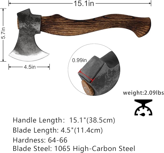 15.1" Hatchet, Camping Axe with 1065 Carbon Steel and Beech Handle, Hand Forged Bushcraft Axe with Leather Sheath for Camping and Survival