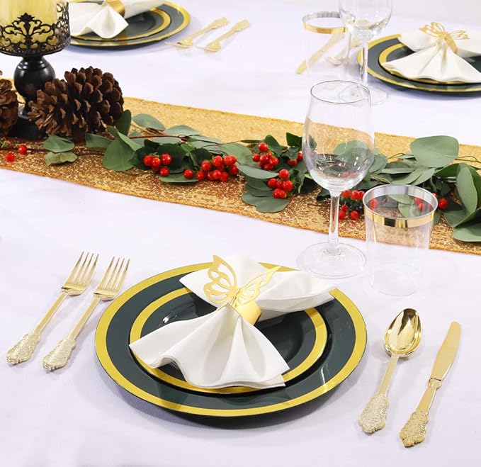 Nervure 102PCS Green Plastic Plates - Disposable Emerald Green Party Plate Include 51PCS 10.25inch Dinner Plates & 51PCS 7.5inch Dessert Plate for Wedding & Party