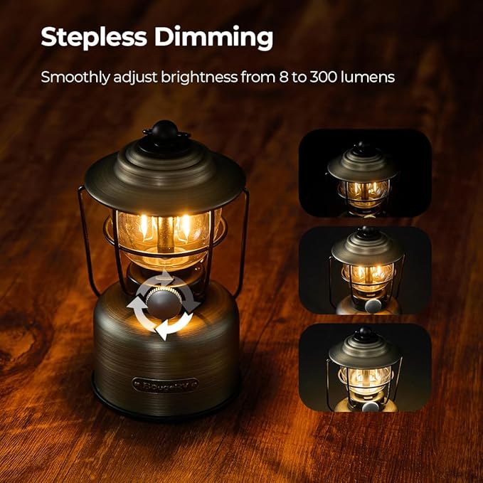 BougeRV VL01 Camping Lantern, Stepless Dimming LED Light, Tungsten Filament Glow, Rechargeable Vintage Lantern, IPX5 Portable Hanging Lamp for Camping, Hiking, Power Outage, Adventure, Emergency Use
