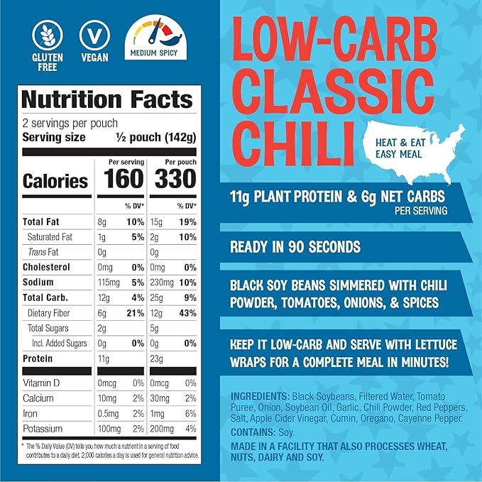 The Good Bean Heat and Eat Pouch - Low-Carb Classic Chili - (4 Pack) 10 oz Pouch - Simmered Black Soybeans with Chili Powder - Pre-Cooked Beans with Good Source of Plant Protein and Fiber
