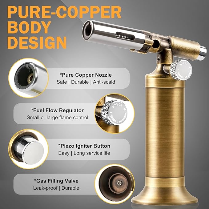 RAVS Butane Torch Lighter, Refillable Kitchen Torch for Creme Brulee with Adjustable Flame, Copper Torch for Jewelry Making with Pinpoint Flame, Copper Soldering Torches for Resin Art, Craft
