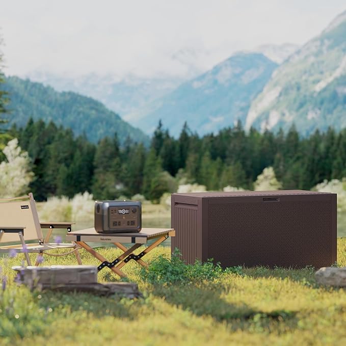 90 Gallon Outdoor Storage Box, Lockable Package Outside Storage Box Waterproof, Patio Cushions Deck Storage Boxes, Rattan Plastic Garden Hose Containers Resin Pool Storage Bins with lids, Brown