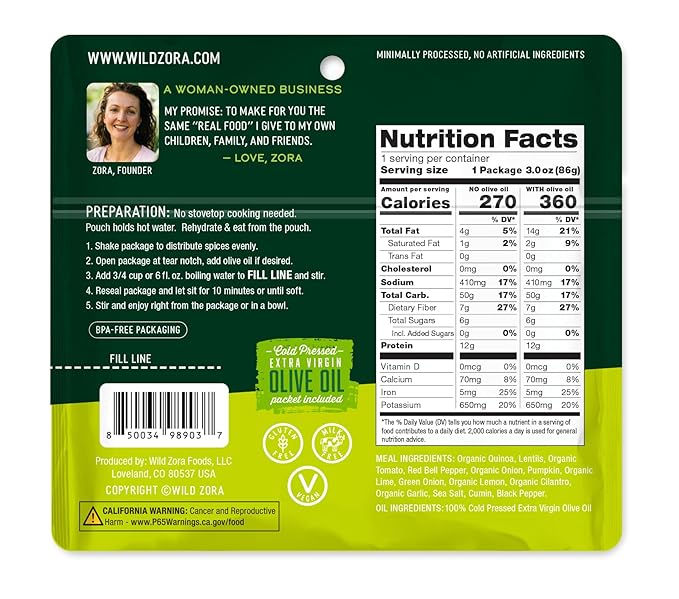 Wild Zora Instant Organic Quinoa Meals - Quick & Tasty Prepared Quinoa Bowls, Pantry Staples Gluten-Free Meal with Lentils Plus 10g Olive Oil Packet - Vegan Variety Sampler (4-Pack)