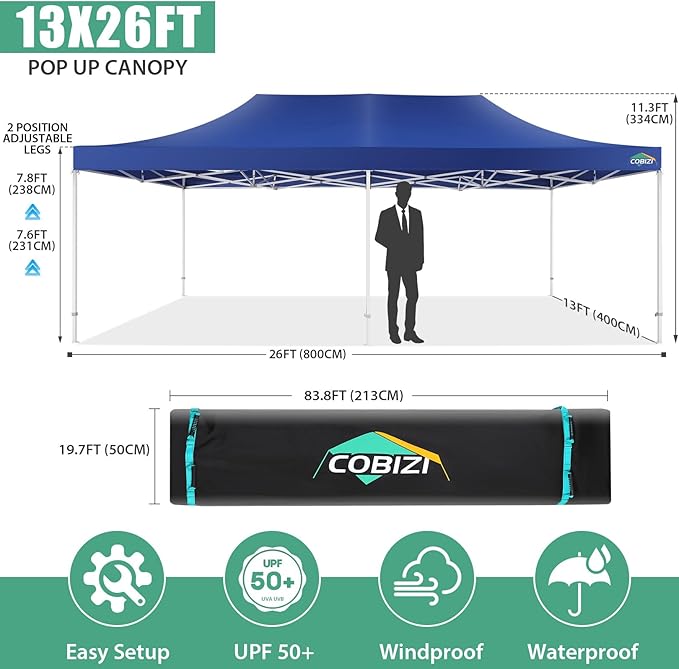 COBIZI 13x26 Heavy Duty Pop Up Canopy Tent with Sidewalls Large Event Tent Wedding Party Tent Ez Up Canopy Windproof UPF 50+ in Garden Backyard Lawn for All Seasons (More Space, More Uses)