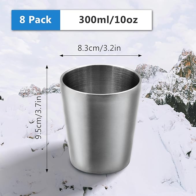 Stainless Steel Insulated Mugs, Metal Tumbler Double Wall Vacuum Water Glasses,Reusable Beer Cups for Camping bbq Party Coffee(10oz-8Pcs)