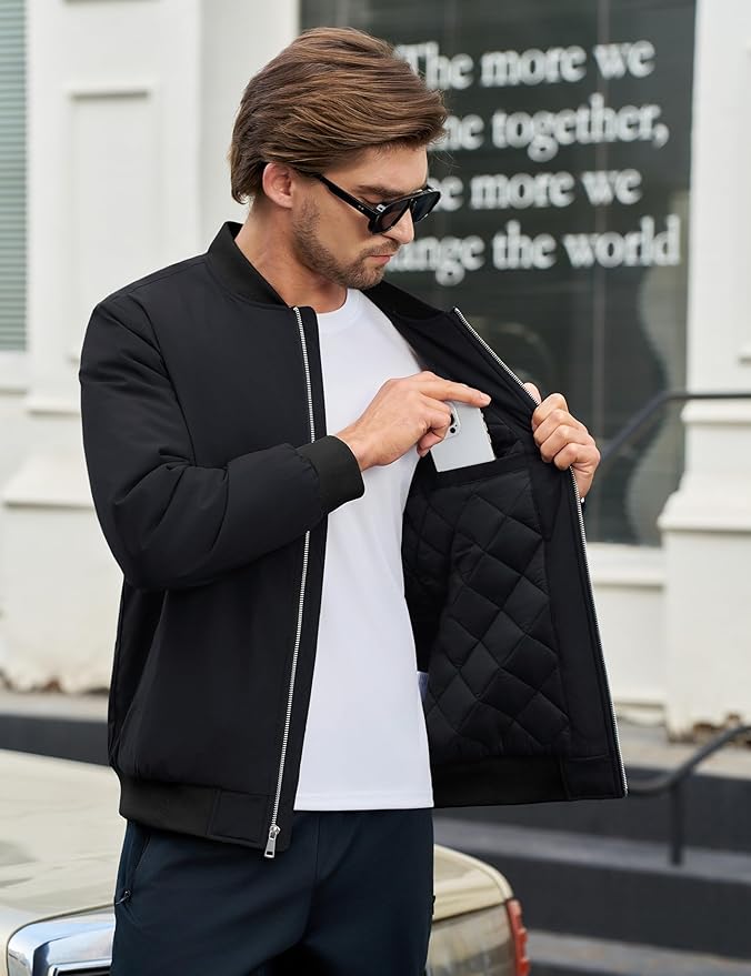 Cotrasen Men's Bomber Jacket Full Zip Windbreaker Warm Winter Windproof Casual Outwear Padded Lined Coats