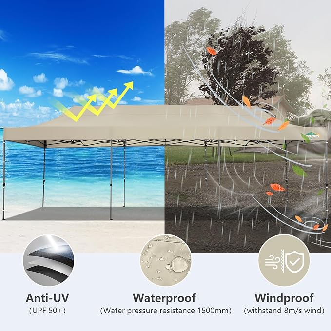 COBIZI 10x30 Pop up Canopy, Heavy Duty Outdoor Party Tents for Parties, Ez up UPF 50+ Waterproof Commercial Canopy with Wheeled Bag can fold, Khaki(Windproof Upgraded)