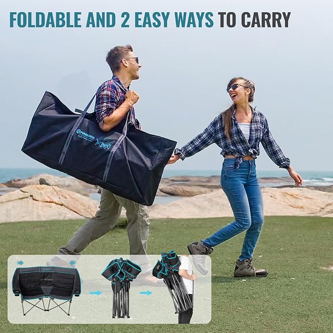 FUNDANGO Double Camping Chair with Cooler, 2 Person Folding Oversized Loveseat Camp Chairs for Adults Fully Padded Couch with Cup Holder for Outdoor Lawn Beach Patio Support 660 LBS Black/Blue
