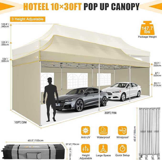 HOTEEL Tents for Parties 10x30 Heavy Duty Pop Up Canopy Tent with 5 Sidewalls&Wheeled Bag, Commercial Event Party Tent Wedding Instant Canopy Waterproof, UV 50+, Upgraded Thicked Hexagonal Legs, Khaki