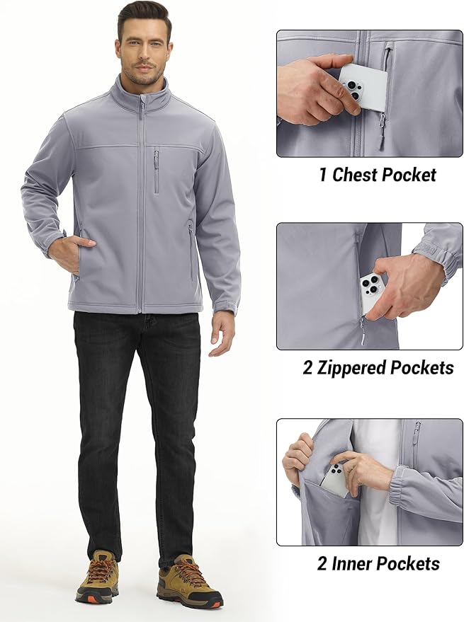 TACVASEN Men's Lightweight Softshell Jacket Fleece Lined Waterproof Tactical Rain Zip Up Winter Coat Windbreaker Casual