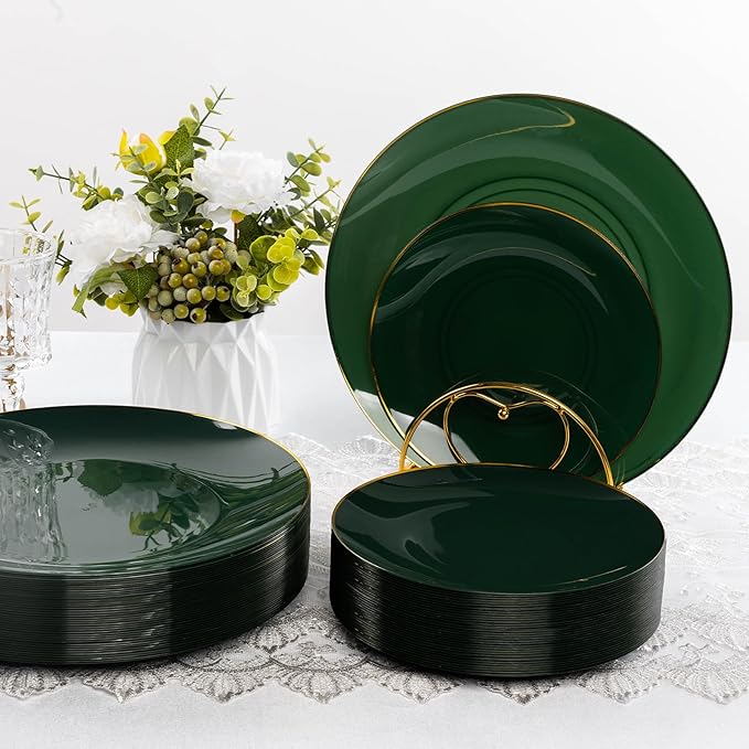 50PCS Green Gold Plastic Plates, Green Disposable Plates for Party, Wedding, Include 25 Dinner Plates, 25 Dessert Plates for 25 Guests