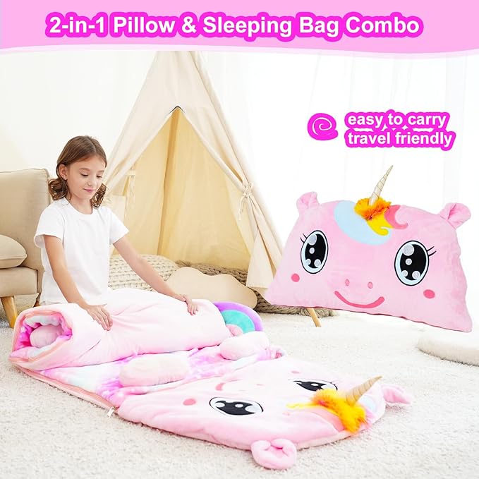 Kid Sleeping Bag with Pillow - Larger Toddler Nap Mat - Plush Slumber Bag for Boys Girls Daycare Preschool Kindergarten Birthday Gift Travel Sleepover Ages 3-12 Years