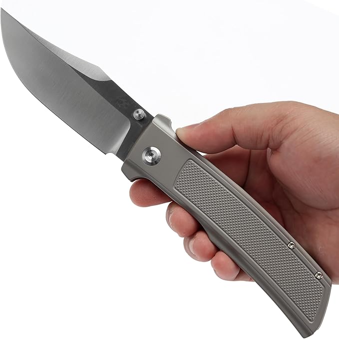 KANSEPT Bison Pocket Folding Knife, 4.25'' Satin CPM S35VN Steel Sharp Blade, Plain Titanium with Frag Pattern Handle, Frame Lock and Thumb Stud for Edc, Camping Hiking Knives K1108A1