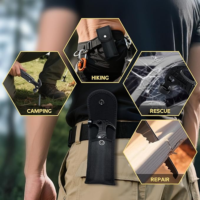 Multi-Functional Safety Hammer Multitool – 15-in-1 Heavy Duty Emergency Tool Kit with Pouch – Camping, Hiking, Fishing, Car Rescue Gear – Father's Day or Birthday Gifts for Dad