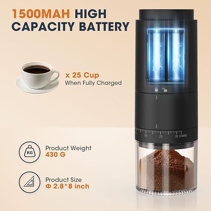 Portable Battery Powered Burr Coffee Grinder with 38 Adjustable Settings, Rechargeable Coffee Bean Grinder with LED Display, Quiet Cordless Coffee Mill for Travel, Camping, Espresso, Pour Over, etc