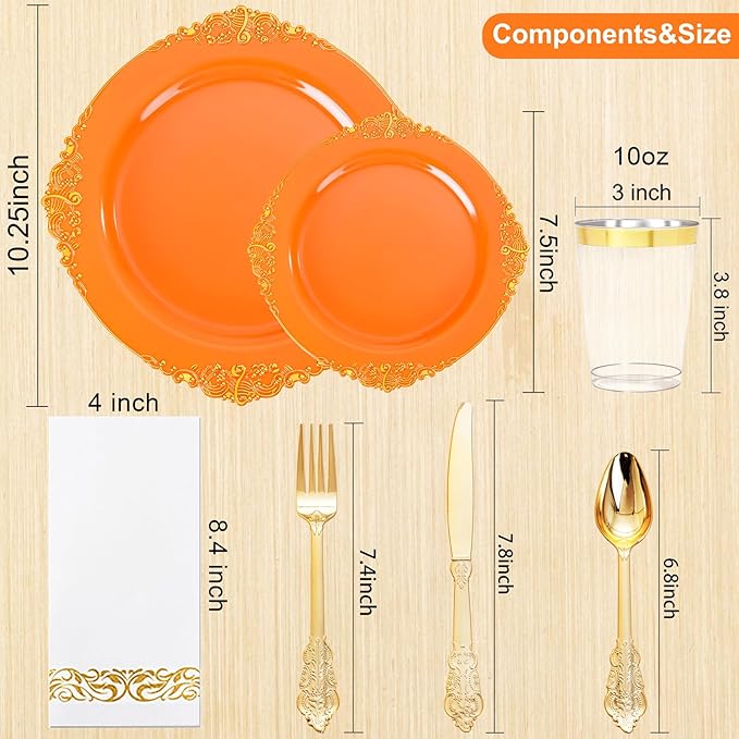 Nervure 175PCS Orange Plastic Plates - Orange and Gold Disposable Plates for 25 Guests Include 50Plates, 25Cups, 25Forks, 25Knives, 25Spoons, 25Napkins for Wedding & Party