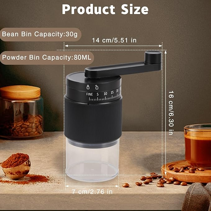 Manual Coffee Grinder - 95 Ceramic Burr, Adjustable Coarse to Fine, 30g Beans & 80ml Powder, Detachable Handle for Espresso, French Press, Camping