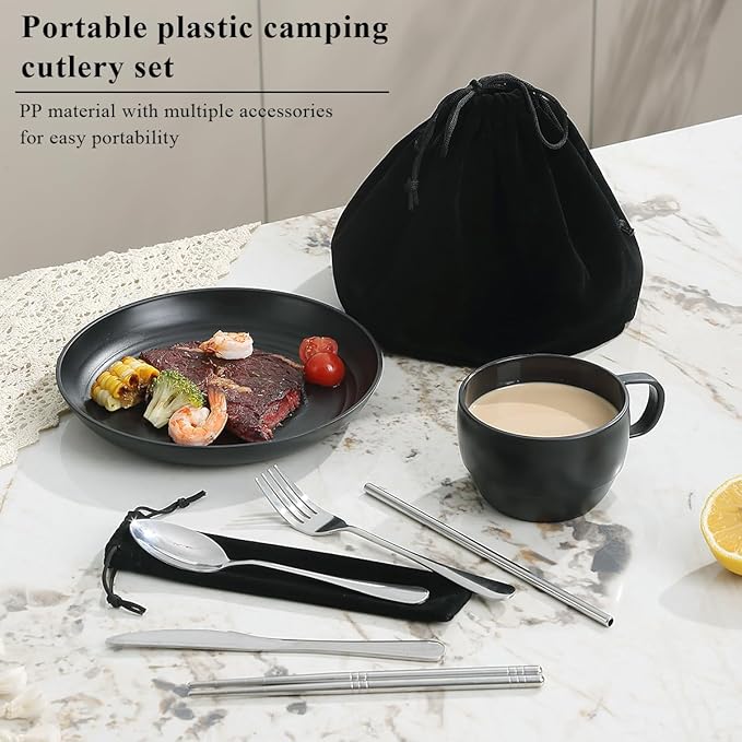 Camping Essentials Set, HOMQUEN Camping Plates and Bowls Set, Coffee Mug, Travel Cutlery Set Include Spoon, Fork, Knife for Work, Outdoor,Picnic, Camp (Black)