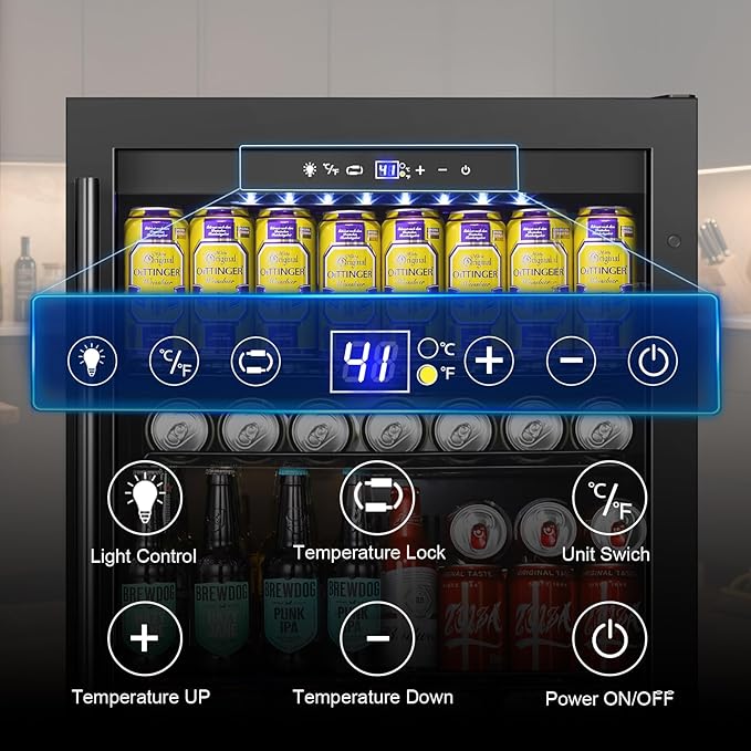 Beverage Refrigerator 24 Inch 200 Can Drink Fridge with Glass Door, Under Counter/Freestanding Beverage Cooler with Temperature Control, Reversible Door, Quick Cooling for Beer Soda Wine, Black