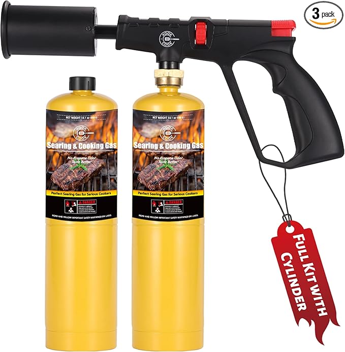 Propane Cooking Torch Kit with 2x Searing MAPP Gas Tanks Grill Torch Gun Sous Vide Propane Gas Torch Head Kits Camp Fire Starter Charcoal Torch Lighter Blow-Torch for Cooking BBQ Flamethrower