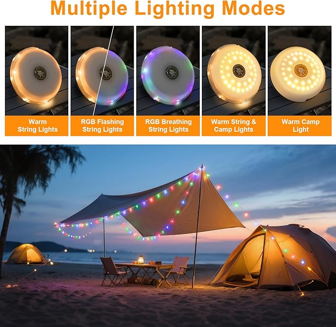 2-in-1 Solar Camping Lights String: 5 Modes IP65 Waterproof - 1200mAh Battery USB/Solar Charging for Outdoor Tents RV Hiking - Backyard Party Decor - 29.52ft