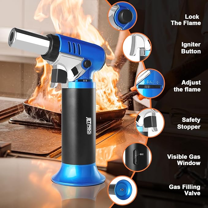 Butane Torch Lighter Refillable with Adjustable Flame Kitchen Torch for Creme Brulee Baking BBQ Cooking Soldering One Hand Operation with Fuel Window Safety Lock (Butane Gas Not Included)