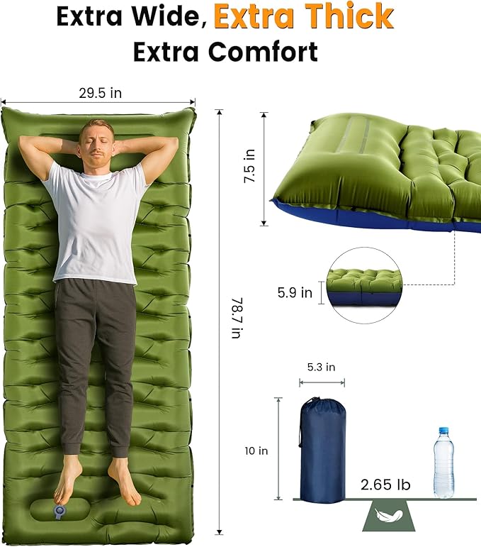 Camping Sleeping Pad,5.9 Inch Thick Camping Mat with Built in Pillow and Foot Pump,Self Inflating Sleeping Pad Ultralight for Camping Backpacking Tent(Green