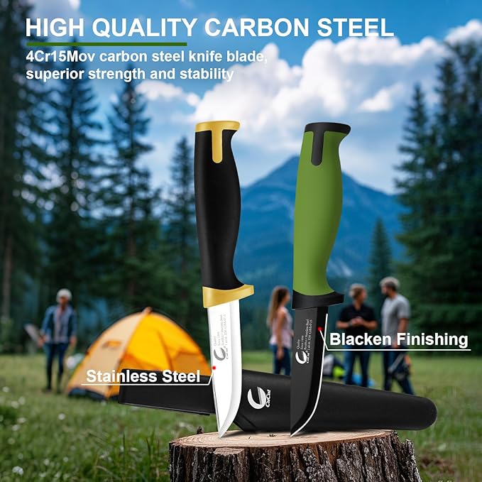 Survival Knife 2 pack, 3.5-inch Carbon Steel Blade, Black Non-Stick Finish with Hard Plastic Sheath to Belts, Soft TPR Handle Camping Knife for Outdoor, Survival, Fishing, Hiking