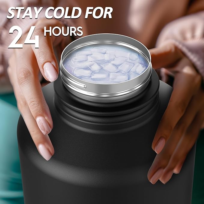Navigate 64 oz Stainless Steel Insulated Water Bottle,Double Walled Leak Proof Keep Cold for 24 Hrs Hot for 12 Hrs,Wide Mouth Water Jug with Spout & Handle Lids,Black