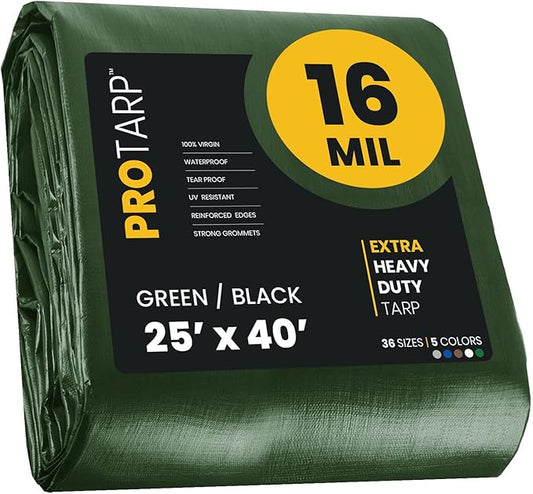 PROTARP Extra Heavy Duty 16 Mil Tarp Cover, Waterproof, UV Resistant, Rip and Tear Proof, Poly Tarpaulin with Reinforced Edges for Roof, Camping, Patio, Pool, Boat. (Green/Black 25′ X 40′)