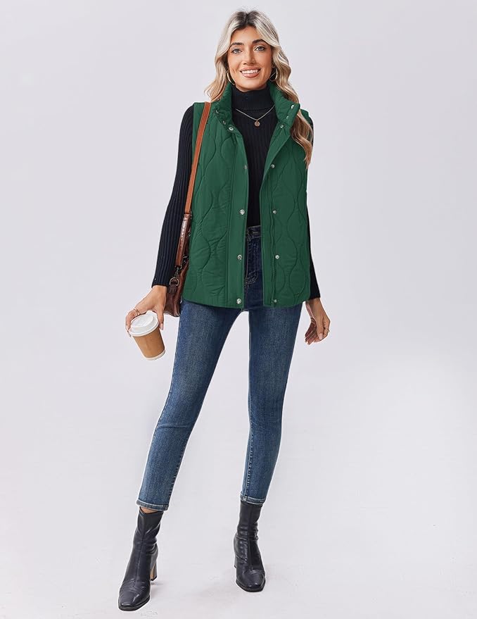 Zeagoo Puffer Vest Women Sleeveless Quilted Jacket Lightweight Snap Zip Up Stand-up Collar Down with Pockets Outerwear