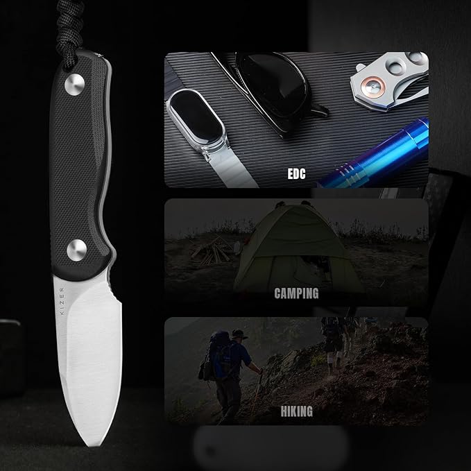 Kizer Drop Bear Fixed Blade Knife, 2.57" D2 Satin Blade EDC Camping Knife with Black G10 Handle and Hidden Tools, Outdoor Full Tang Hunting Survival Knives with Adjustable Kydex Sheath, 1094M2