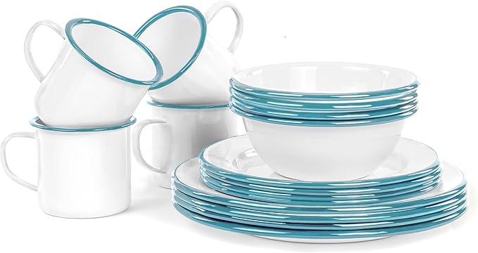 Red Co. 16-Piece Enamelware Metal Dinnerware Set for 4, Solid White/Teal Rim