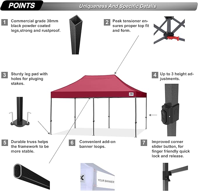 ABCCANOPY Patio Pop Up Canopy Tent 10x20 Commercial-Series(Burgundy)