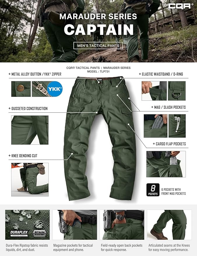 CQR Men's Flex Ripstop Tactical Pants, Water Resistant Stretch Cargo Pants, Lightweight EDC Hiking Work Pants