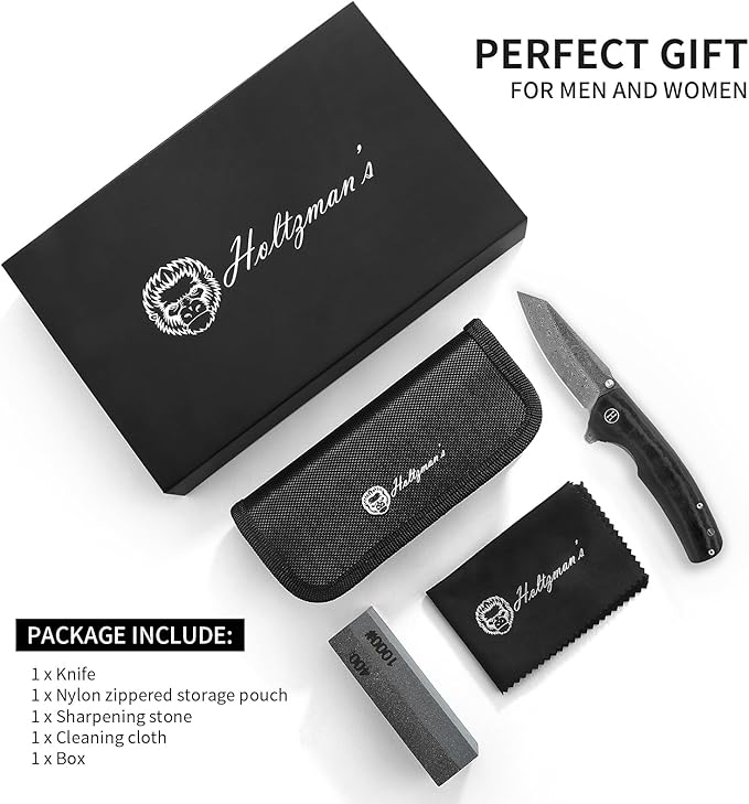 Holtzman's Gorilla Survival 'Clip Point' Folding Knife featuring D2 Steel Blade with G10 Tactical Handle in Gift Box Set (Damascus)